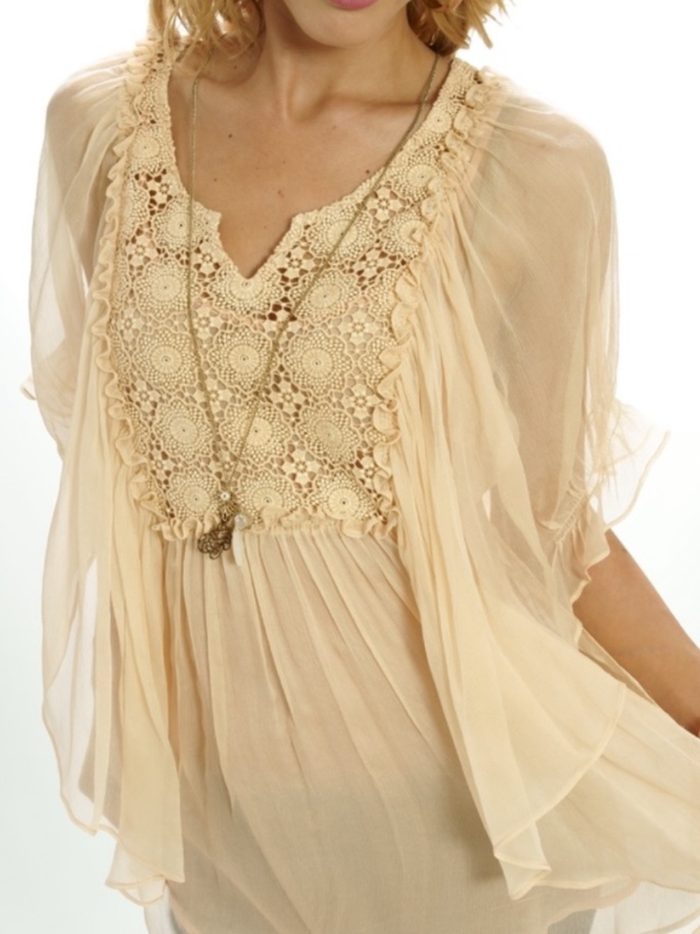 NWT Blue Tassel Peach Crochet-Front Batwing Blouse Size Small